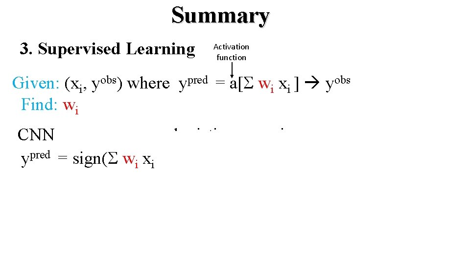 Summary 3. Supervised Learning Activation function Given: (xi, yobs) where ypred = a[S wi