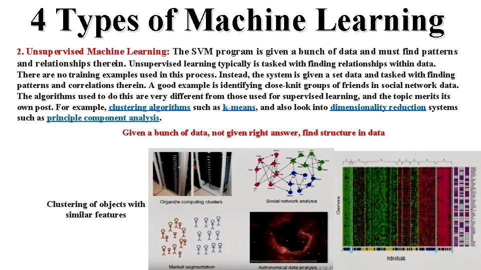 4 Types of Machine Learning 2. Unsupervised Machine Learning: The SVM program is given