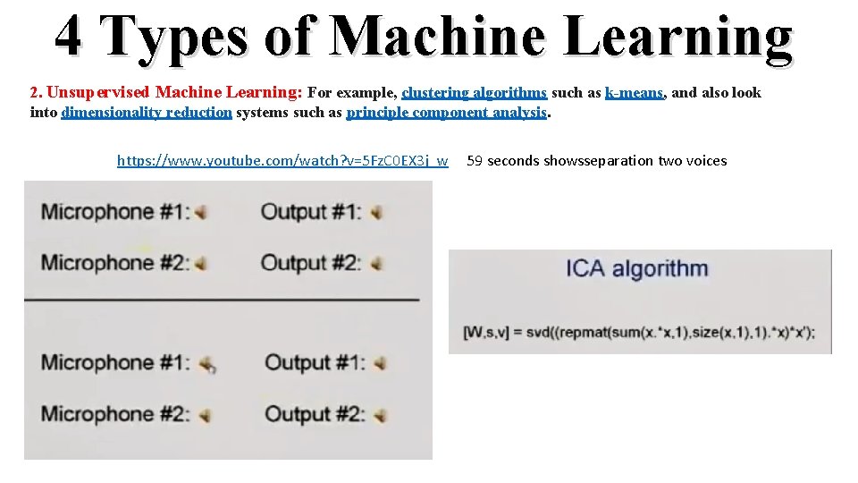 4 Types of Machine Learning 2. Unsupervised Machine Learning: For example, clustering algorithms such