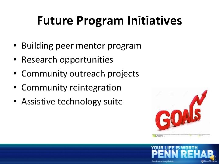 Future Program Initiatives • • • Building peer mentor program Research opportunities Community outreach