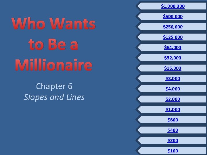 $1, 000 Who Wants to Be a Millionaire Chapter 6 Slopes and Lines $500,