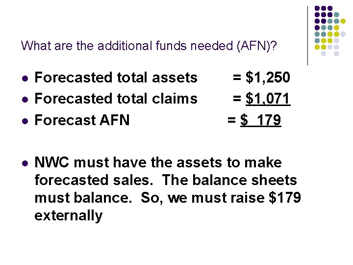 What are the additional funds needed (AFN)? l l Forecasted total assets Forecasted total