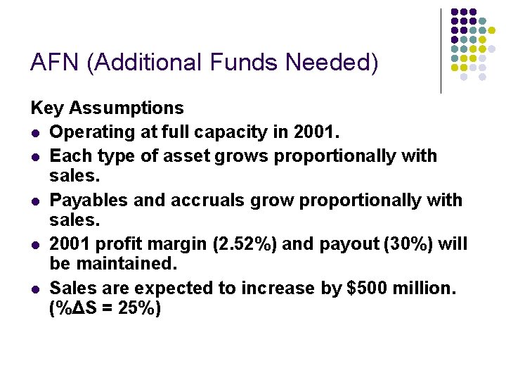 AFN (Additional Funds Needed) Key Assumptions l Operating at full capacity in 2001. l AFN (Additional Funds Needed) Key Assumptions l Operating at full capacity in 2001. l