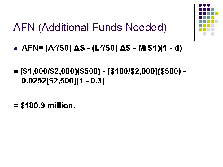 AFN (Additional Funds Needed) l AFN= (A*/S 0) ΔS - (L*/S 0) ΔS - AFN (Additional Funds Needed) l AFN= (A*/S 0) ΔS - (L*/S 0) ΔS -