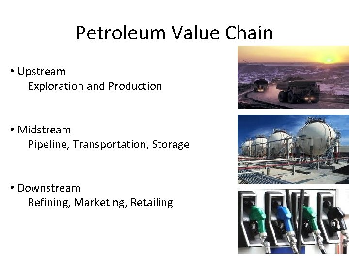 Petroleum Value Chain • Upstream Exploration and Production • Midstream Pipeline, Transportation, Storage •