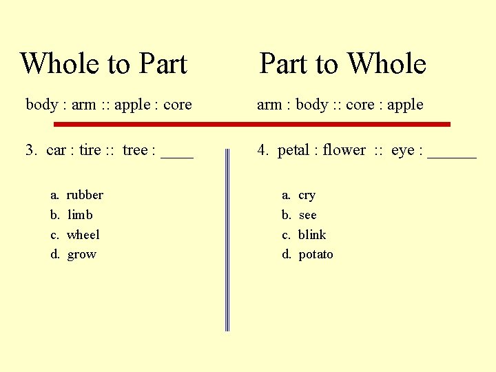 Whole to Part to Whole body : arm : : apple : core arm