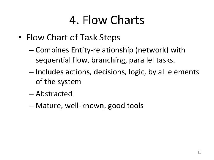 4. Flow Charts • Flow Chart of Task Steps – Combines Entity-relationship (network) with
