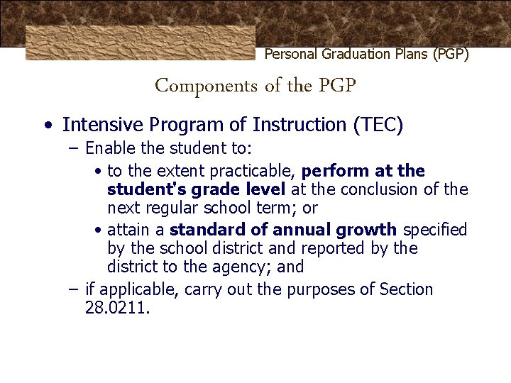 Personal Graduation Plans (PGP) Components of the PGP • Intensive Program of Instruction (TEC) Personal Graduation Plans (PGP) Components of the PGP • Intensive Program of Instruction (TEC)