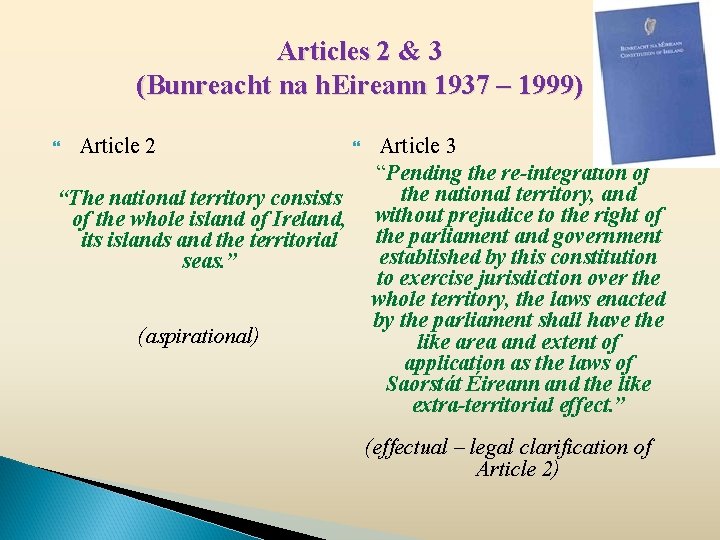 Articles 2 & 3 (Bunreacht na h. Eireann 1937 – 1999) Article 2 “The