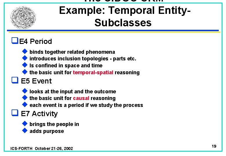 The CIDOC CRM Example: Temporal Entity- Subclasses q. E 4 Period u binds together