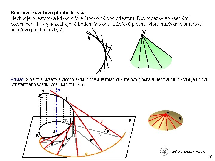 Smerová kužeľová plocha krivky: Nech k je priestorová krivka a V je ľubovoľný bod