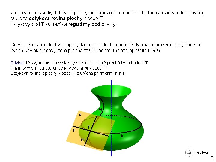 Ak dotyčnice všetkých kriviek plochy prechádzajúcich bodom T plochy ležia v jednej rovine, tak