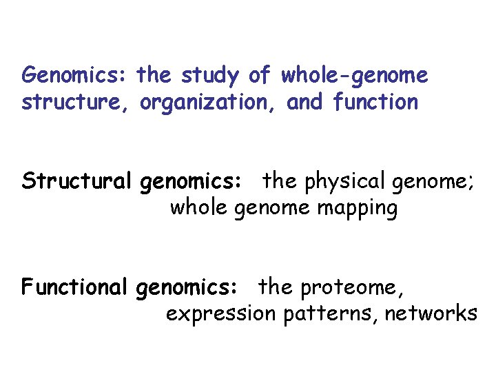 Genomics: the study of whole-genome structure, organization, and function Structural genomics: the physical genome;