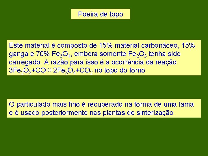 Poeira de topo Este material é composto de 15% material carbonáceo, 15% ganga e