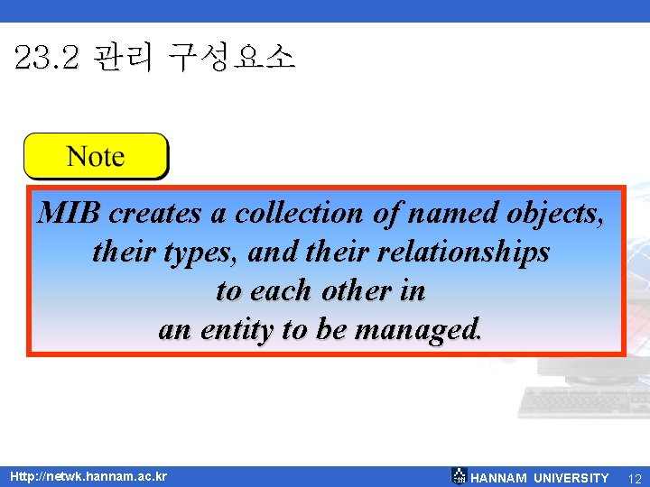 23. 2 관리 구성요소 MIB creates a collection of named objects, their types, and