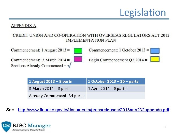 Legislation 1 August 2013 – 9 parts 1 October 2013 – 20 – parts