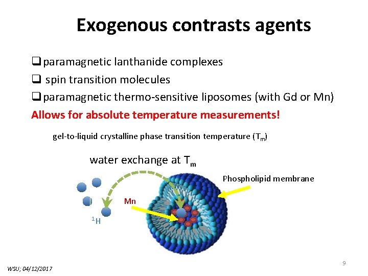 Exogenous contrasts agents qparamagnetic lanthanide complexes q spin transition molecules qparamagnetic thermo-sensitive liposomes (with