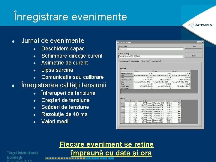 Înregistrare evenimente t Jurnal de evenimente l l l t Deschidere capac Schimbare direcţie