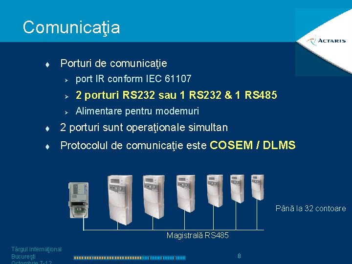 Comunicaţia t Porturi de comunicaţie Ø port IR conform IEC 61107 Ø 2 porturi