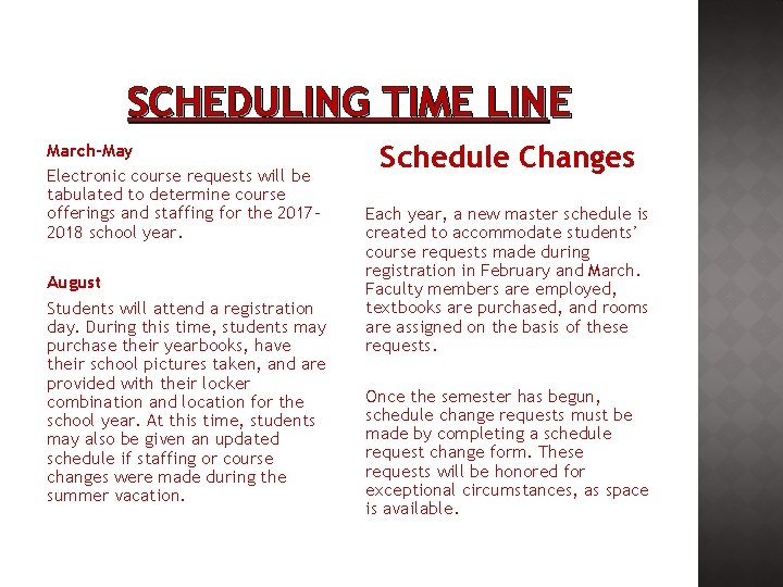 SCHEDULING TIME LINE March-May Electronic course requests will be tabulated to determine course offerings