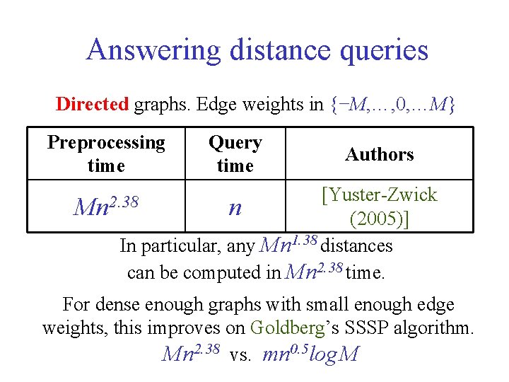 Answering distance queries Directed graphs. Edge weights in {−M, …, 0, …M} Preprocessing time
