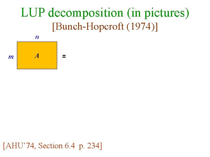 LUP decomposition (in pictures) [Bunch-Hopcroft (1974)] n m A = [AHU’ 74, Section 6.
