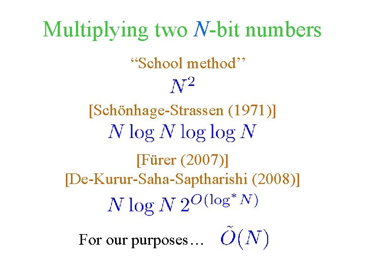 Multiplying two N-bit numbers “School method’’ [Schönhage-Strassen (1971)] [Fürer (2007)] [De-Kurur-Saha-Saptharishi (2008)] For our