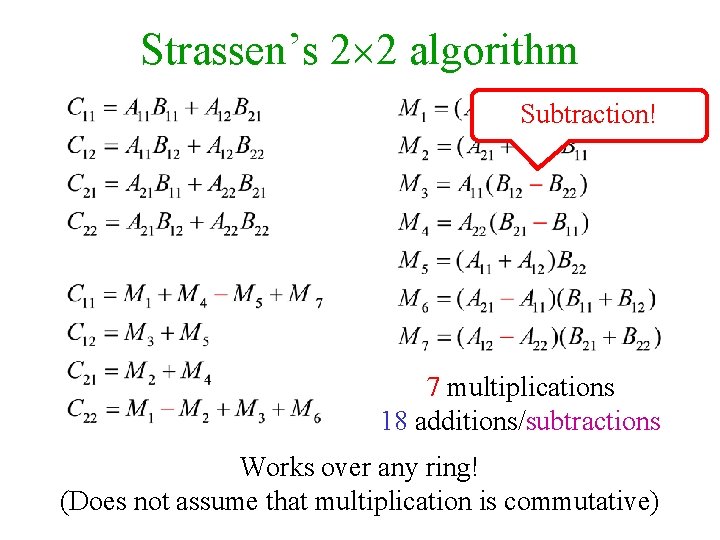 Strassen’s 2 2 algorithm Subtraction! 7 multiplications 18 additions/subtractions Works over any ring! (Does