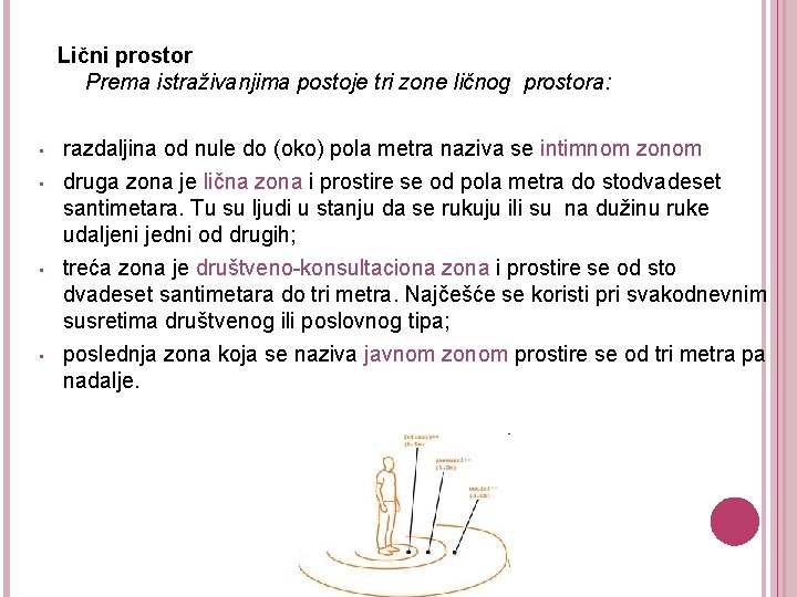  Lični prostor Prema istraživanjima postoje tri zone ličnog prostora: • • razdaljina od