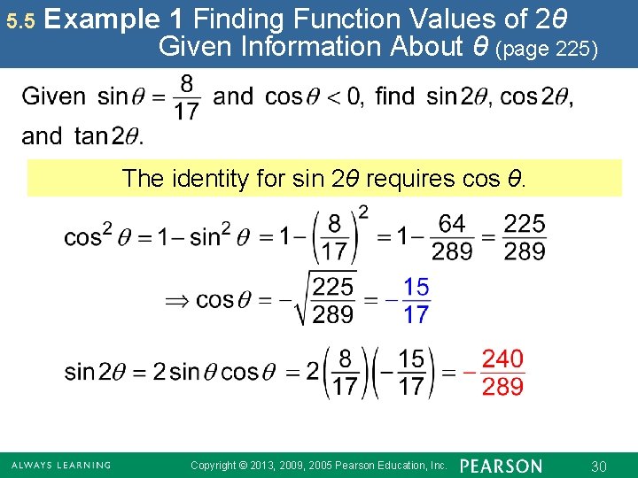5. 5 Example 1 Finding Function Values of 2θ Given Information About θ (page