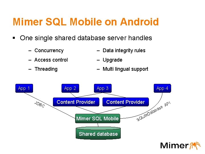 Mimer SQL Mobile on Android § One single shared database server handles – Concurrency