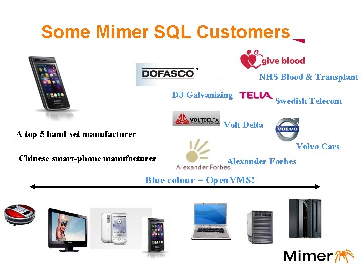 Some Mimer SQL Customers NHS Blood & Transplant DJ Galvanizing Swedish Telecom Volt Delta