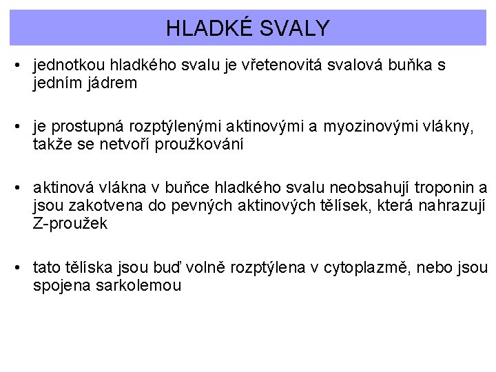 HLADKÉ SVALY • jednotkou hladkého svalu je vřetenovitá svalová buňka s jedním jádrem •