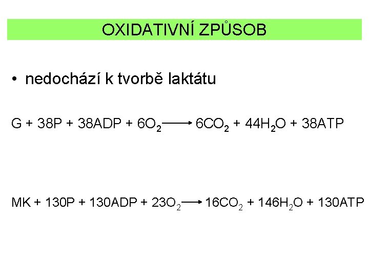 OXIDATIVNÍ ZPŮSOB • nedochází k tvorbě laktátu G + 38 P + 38 ADP