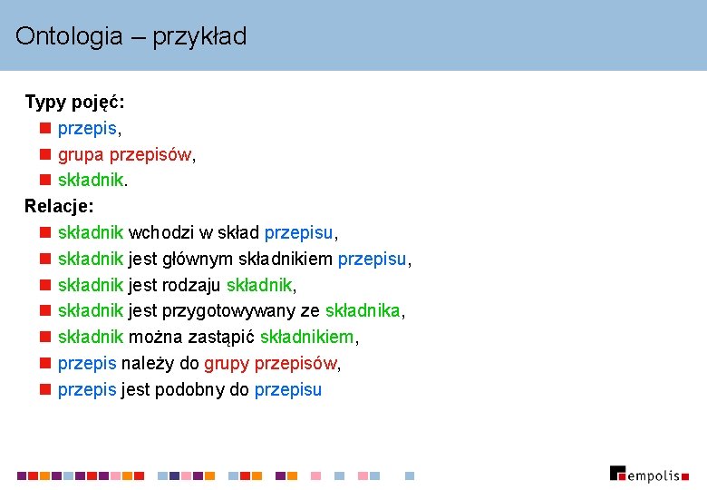 Ontologia – przykład Typy pojęć: n przepis, n grupa przepisów, n składnik. Relacje: n Ontologia – przykład Typy pojęć: n przepis, n grupa przepisów, n składnik. Relacje: n