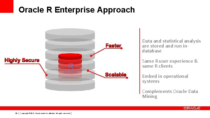 Oracle R Enterprise Approach Data and statistical analysis are stored and run indatabase R