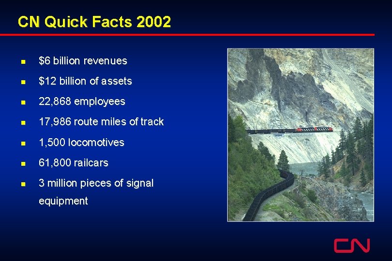 CN Quick Facts 2002 n $6 billion revenues n $12 billion of assets n