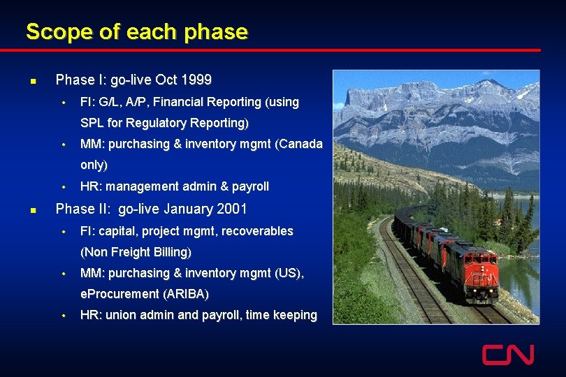 Scope of each phase n Phase I: go-live Oct 1999 • FI: G/L, A/P,