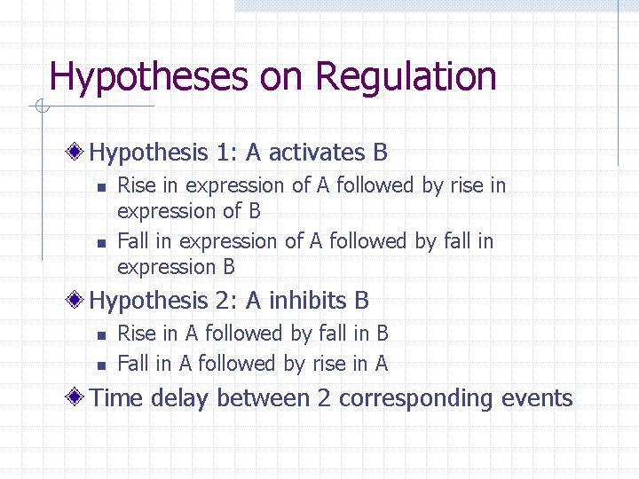 Hypotheses on Regulation Hypothesis 1: A activates B n n Rise in expression of