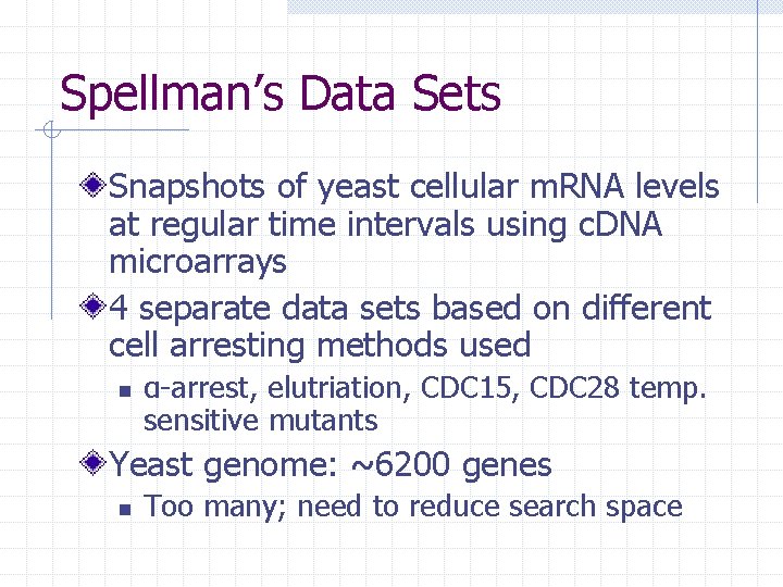 Spellman’s Data Sets Snapshots of yeast cellular m. RNA levels at regular time intervals
