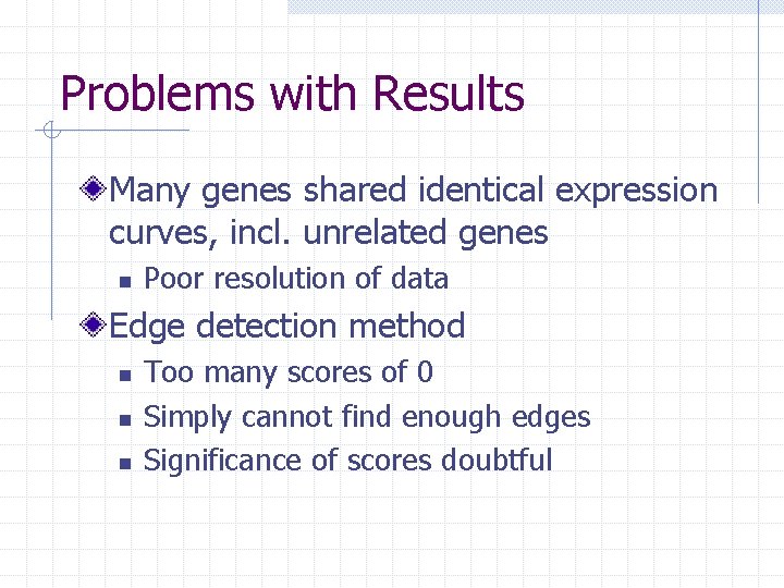 Problems with Results Many genes shared identical expression curves, incl. unrelated genes n Poor