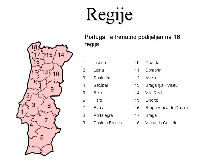 Regije Portugal je trenutno podijeljen na 18 regija. 1. Lisbon 10. Guarda 2. Leiria