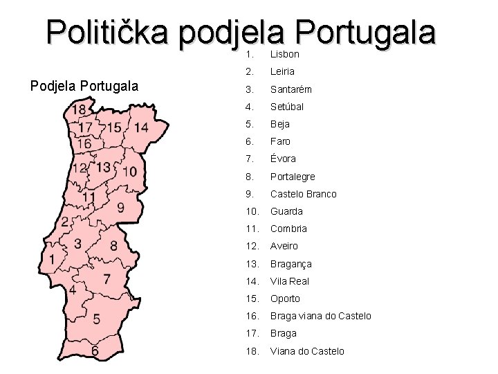 Politička podjela Portugala Podjela Portugala 1. Lisbon 2. Leiria 3. Santarém 4. Setúbal 5.