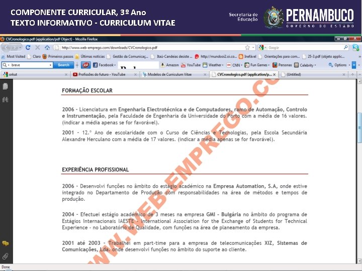 COMPONENTE CURRICULAR, 3º Ano TEXTO INFORMATIVO - CURRICULUM VITAE 