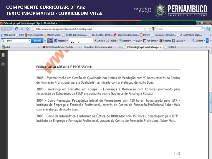 COMPONENTE CURRICULAR, 3º Ano TEXTO INFORMATIVO - CURRICULUM VITAE 