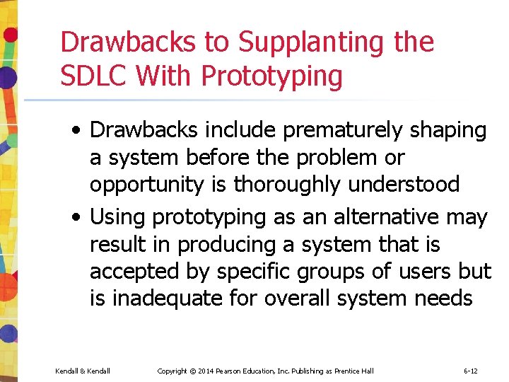 Drawbacks to Supplanting the SDLC With Prototyping • Drawbacks include prematurely shaping a system Drawbacks to Supplanting the SDLC With Prototyping • Drawbacks include prematurely shaping a system