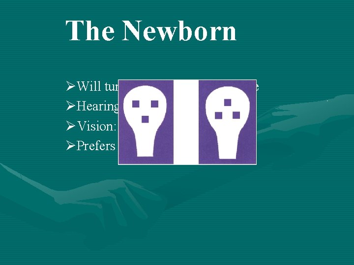 The Newborn ØWill turn towards mother’s voice ØHearing: dominant sense at birth ØVision: 8