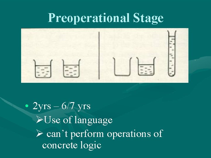 Preoperational Stage • 2 yrs – 6/7 yrs ØUse of language Ø can’t perform