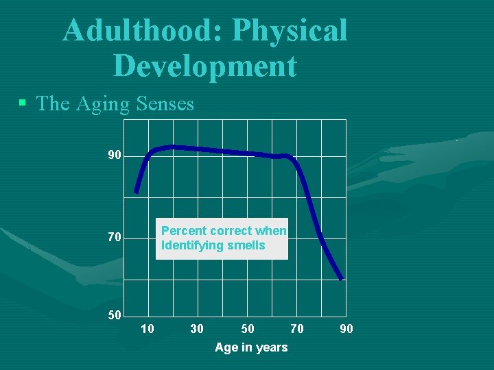 Adulthood: Physical Development § The Aging Senses 90 Percent correct when Identifying smells 70