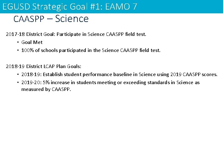 EGUSD Strategic Goal #1: EAMO 7 CAASPP – Science 2017 -18 District Goal: Participate